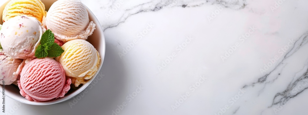 A marble countertop holds a bowl brimming with various hued ice creams, accompanied by an individual cup of ice cream A marble countertop holds a bowl brimming with various hued ice creams, accompanied by an individual cup of ice cream