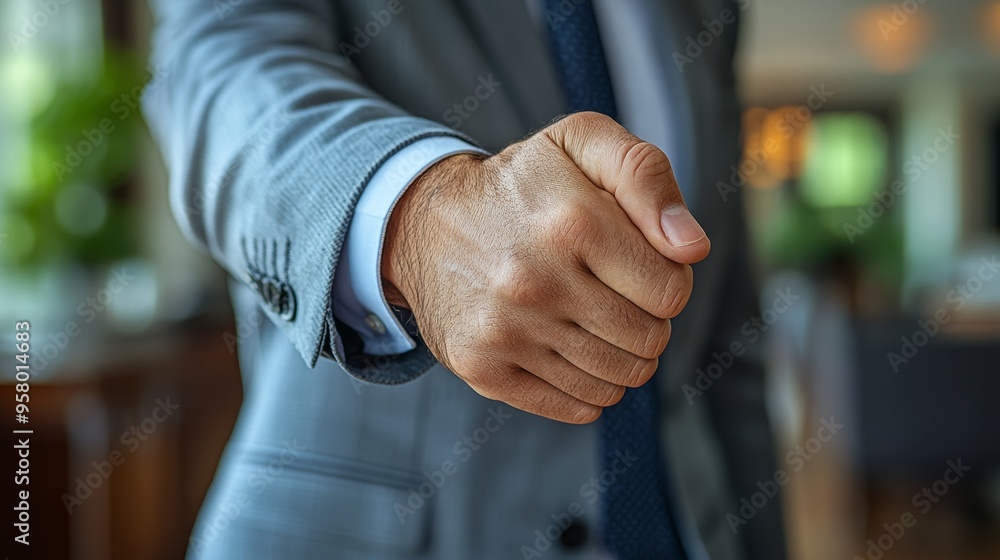 Fototapeta premium A businessman extending a hand for a handshake in a professional setting during daylight hours