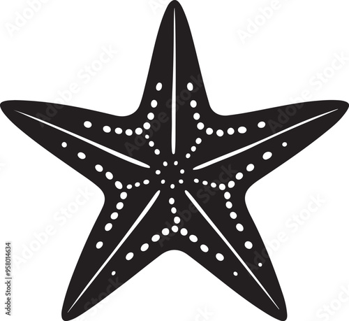 A black and white silhouette of a starfish displayed on a clean white background, showcasing its unique shape and texture