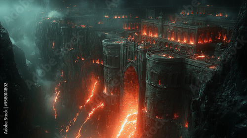 formidable dwarven fortress atop a glowing river of molten lava, shrouded in mist and shadow