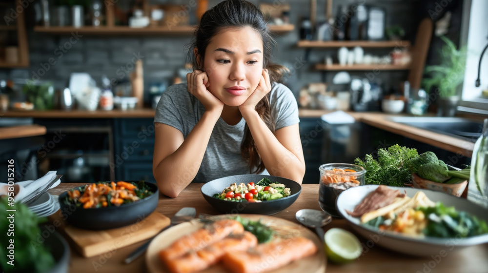 A woman is looking thoughtfully at a variety of healthy foods on a kitchen table. The foods include vegetables, fish, and salads, with a kitchen backdrop. A woman is looking thoughtfully at a variety of healthy foods on a kitchen table. The foods include vegetables, fish, and salads, with a kitchen backdrop.
