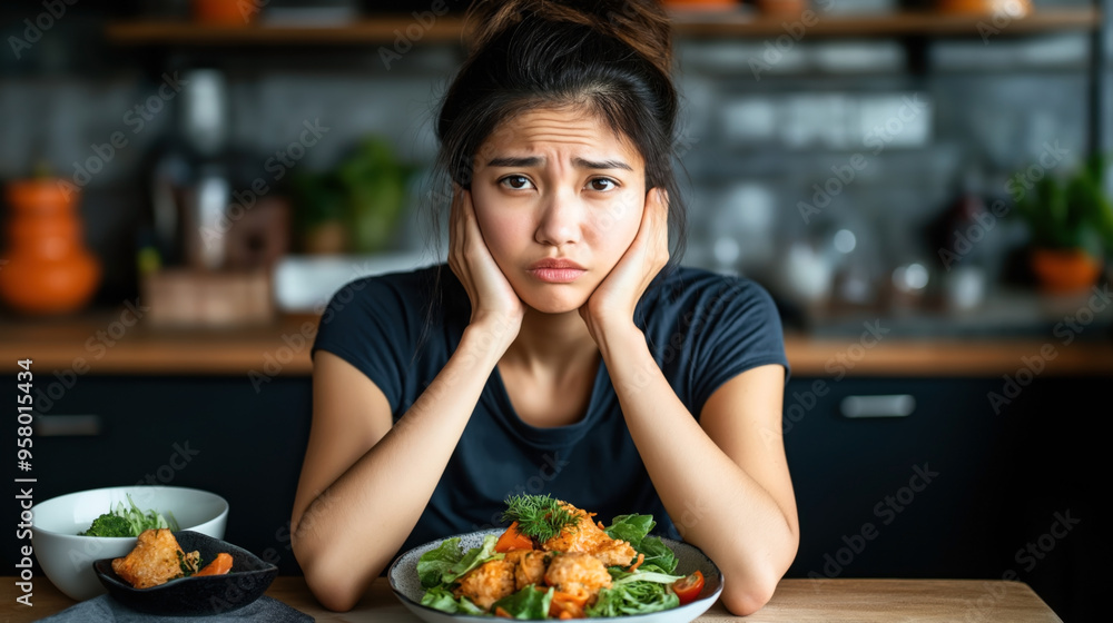 A young woman with a disappointed expression sits at a kitchen table with a plate of salad and fried food in front of her. A young woman with a disappointed expression sits at a kitchen table with a plate of salad and fried food in front of her.