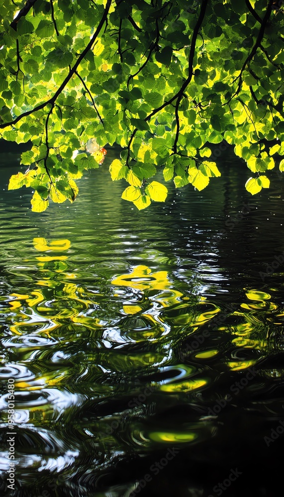 Serene water reflection with vibrant green leaves overhead creating a peaceful and calming nature scene. Serene water reflection with vibrant green leaves overhead creating a peaceful and calming nature scene.