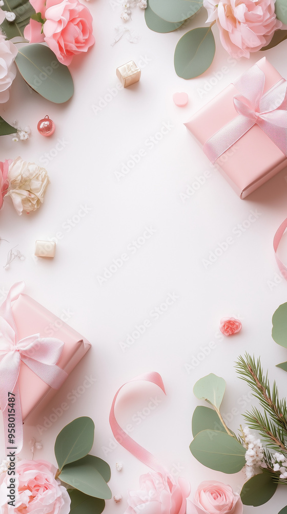 Pastel Pink Gift Boxes and Flowers on White Background with Copy Space for Celebrations Pastel Pink Gift Boxes and Flowers on White Background with Copy Space for Celebrations