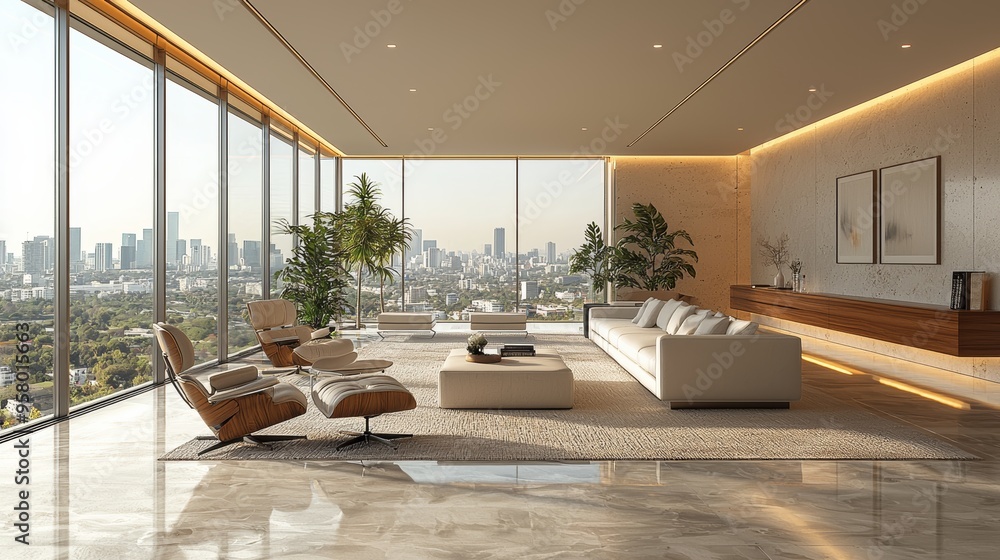Fototapeta premium Modern living room with panoramic city views and sleek furniture bathed in natural light
