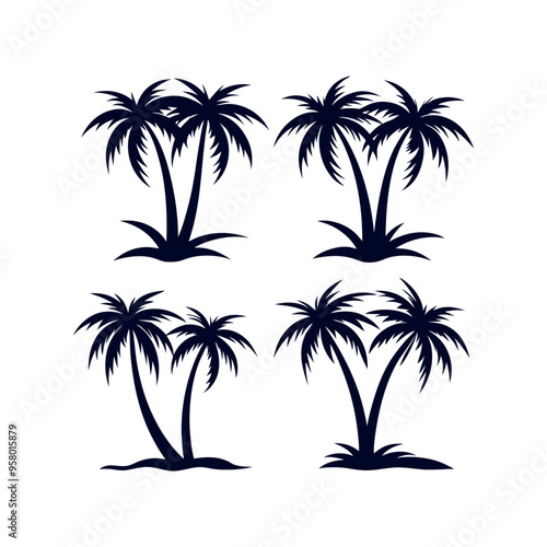 Set of Palm tree silhouettes Clip art isolated vector illustration on white background