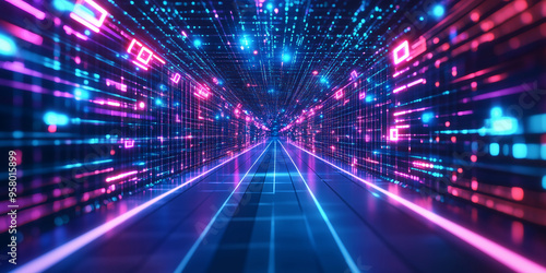 Digital time tunnel, symbolizing high-speed data flow. 3D virtual channel, the speed of modern Internet, network systems and big data transmission in future data center environment.