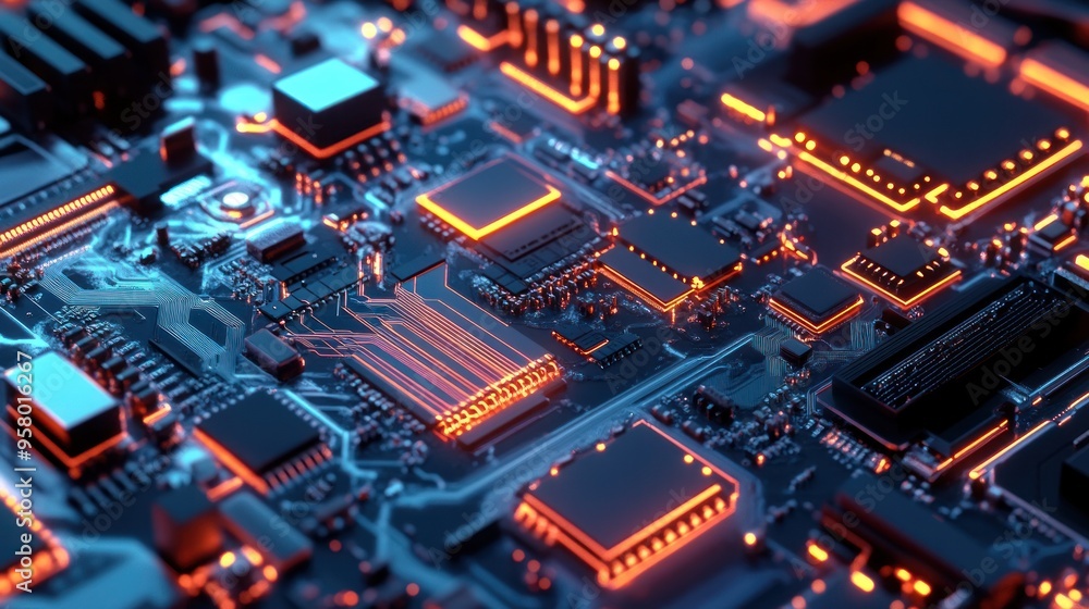 Fototapeta premium A close-up of intricate power electronics design with microchips and components,