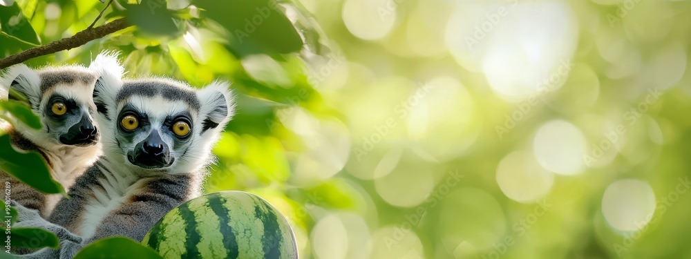 Obraz premium A few animals atop a watermelon in a lush, green tree's foliage