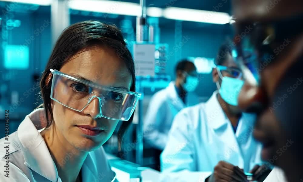 Diverse team of researchers analyzing data in a scientific laboratory, Video Diverse team of researchers analyzing data in a scientific laboratory, Video