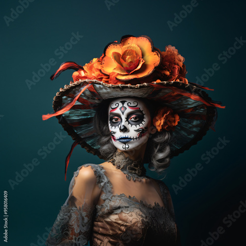 A portrait of a woman Katrina wearing sugar skull makeup to celebrate Halloween or Day of the Dead