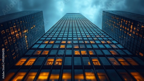 Wallpaper Mural Tall urban skyscraper with illuminated windows against a moody evening sky in a bustling city at dusk Torontodigital.ca