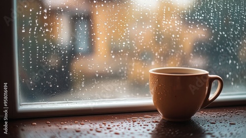 A coffee cup sitting on a window sill with raindrops on the glass, cozy and warm interior