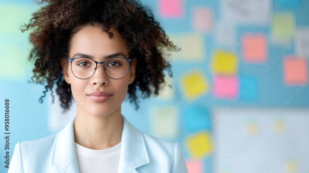 Confident young woman with glasses in an office, standing in front of a board with colorful sticky notes. Confident young woman with glasses in an office, standing in front of a board with colorful sticky notes.
