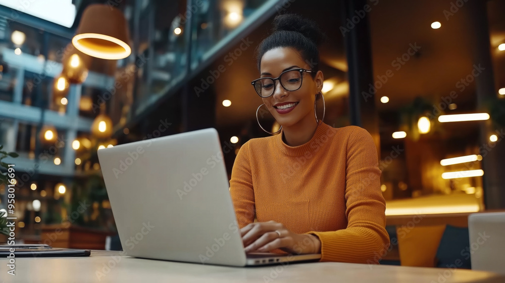 Smiling woman in orange sweater and glasses using laptop in modern cafe with warm lighting and contemporary decor. Smiling woman in orange sweater and glasses using laptop in modern cafe with warm lighting and contemporary decor.