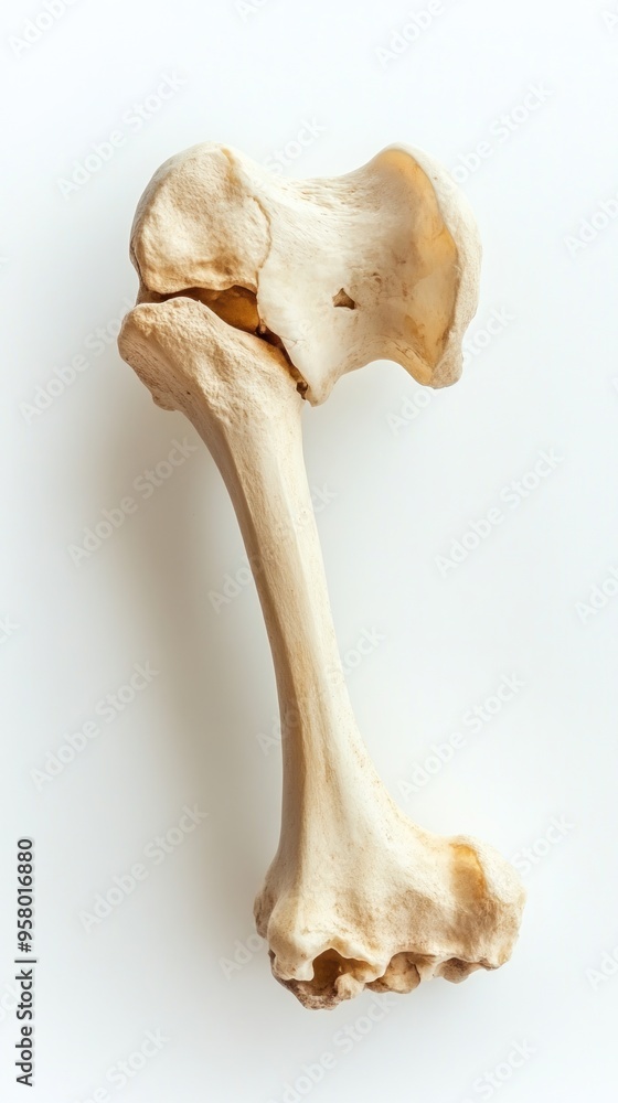 Fototapeta premium A single, dry, white femur bone isolated on a white background.