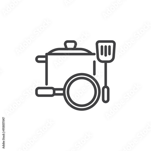 Kitchen tools and cookware line icon