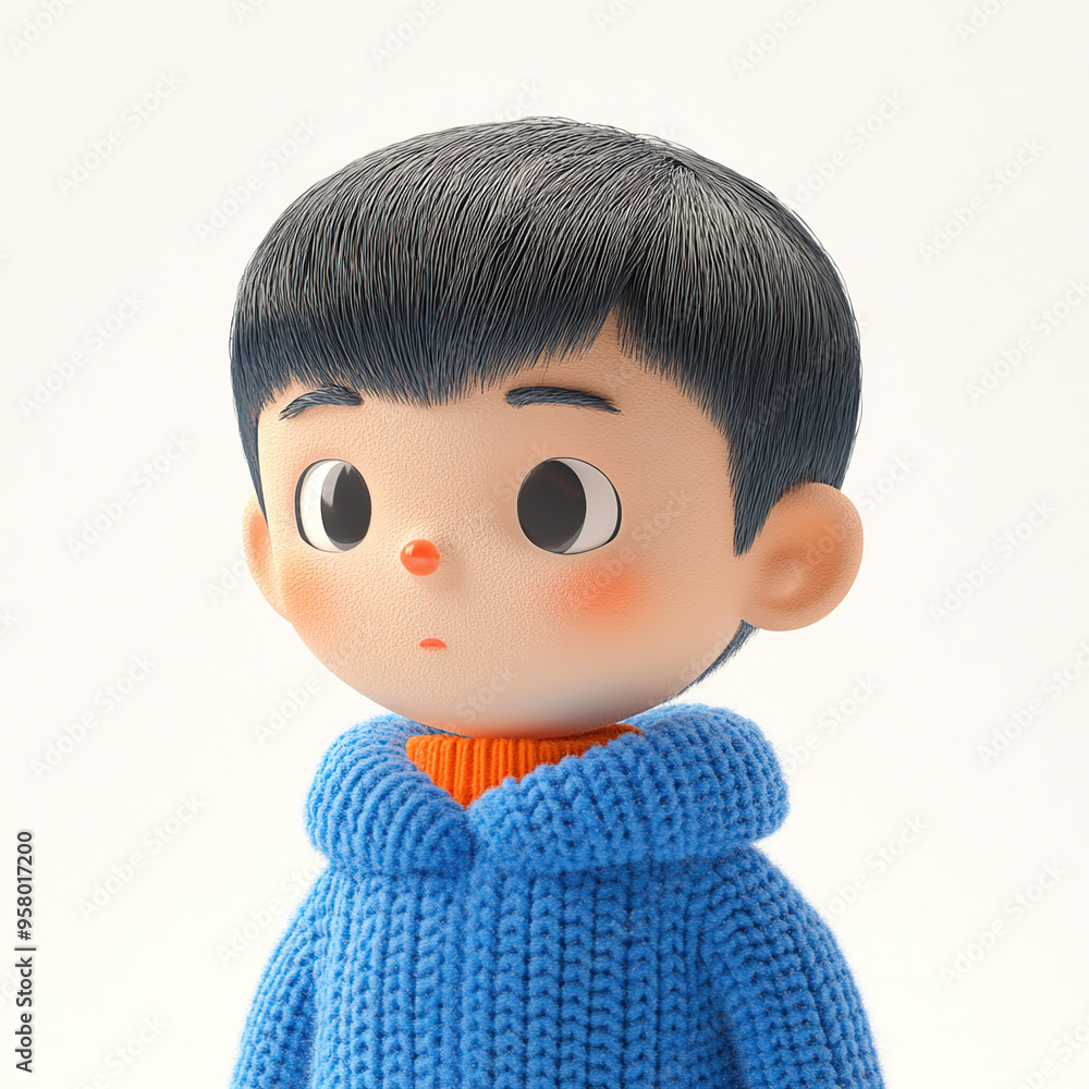 A cute, cartoon-style boy with black hair, blue sweater, and orange shirt, looking to the side with white background A cute, cartoon-style boy with black hair, blue sweater, and orange shirt, looking to the side with white background
