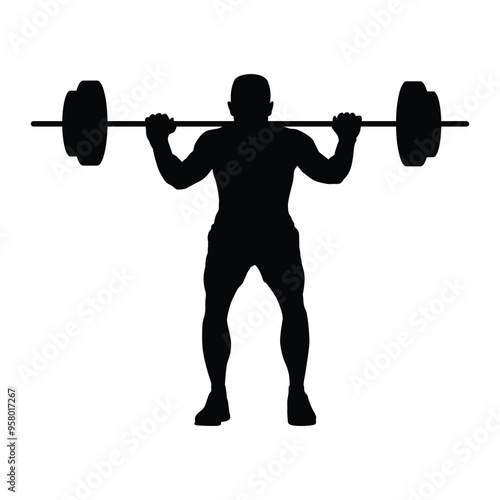 Silhouette of a man practicing lifting weights with a barbell