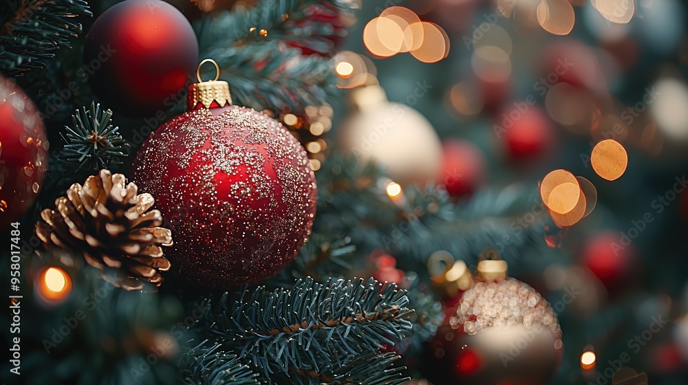 Closeup of Christmas Tree Decorated with Red and Gold Ornaments, Sparkling Under Studio Lights, Isolated and Shadowless, in HD and 4K Resolution Closeup of Christmas Tree Decorated with Red and Gold Ornaments, Sparkling Under Studio Lights, Isolated and Shadowless, in HD and 4K Resolution