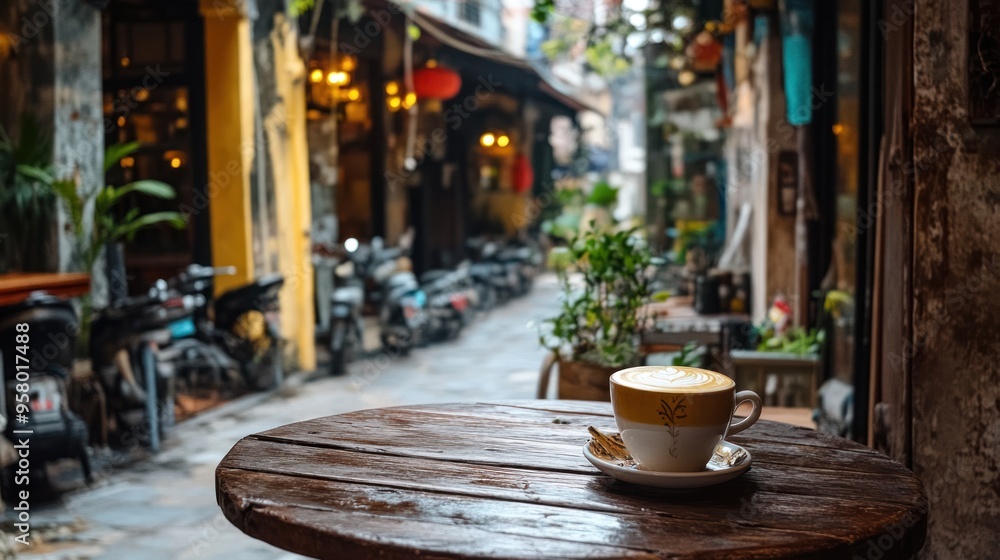 A cozy cafe scene in Hanoi, with a cup of Vietnamese egg coffee on a rustic wooden table, surrounded by local decor A cozy cafe scene in Hanoi, with a cup of Vietnamese egg coffee on a rustic wooden table, surrounded by local decor