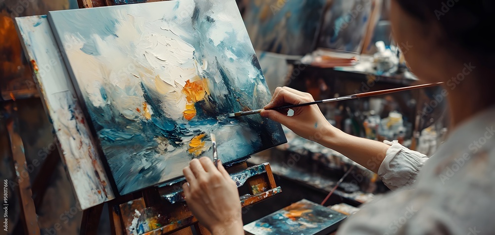 Artist painting a vibrant landscape with oil colors on canvas, focusing on details. Creative studio environment with abstract styles. Artist painting a vibrant landscape with oil colors on canvas, focusing on details. Creative studio environment with abstract styles.