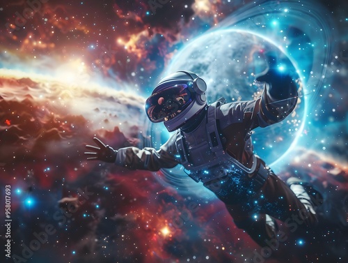 Astronaut floating in deep space amidst colorful nebulae with a planet in the background. A captivating scene of space exploration.