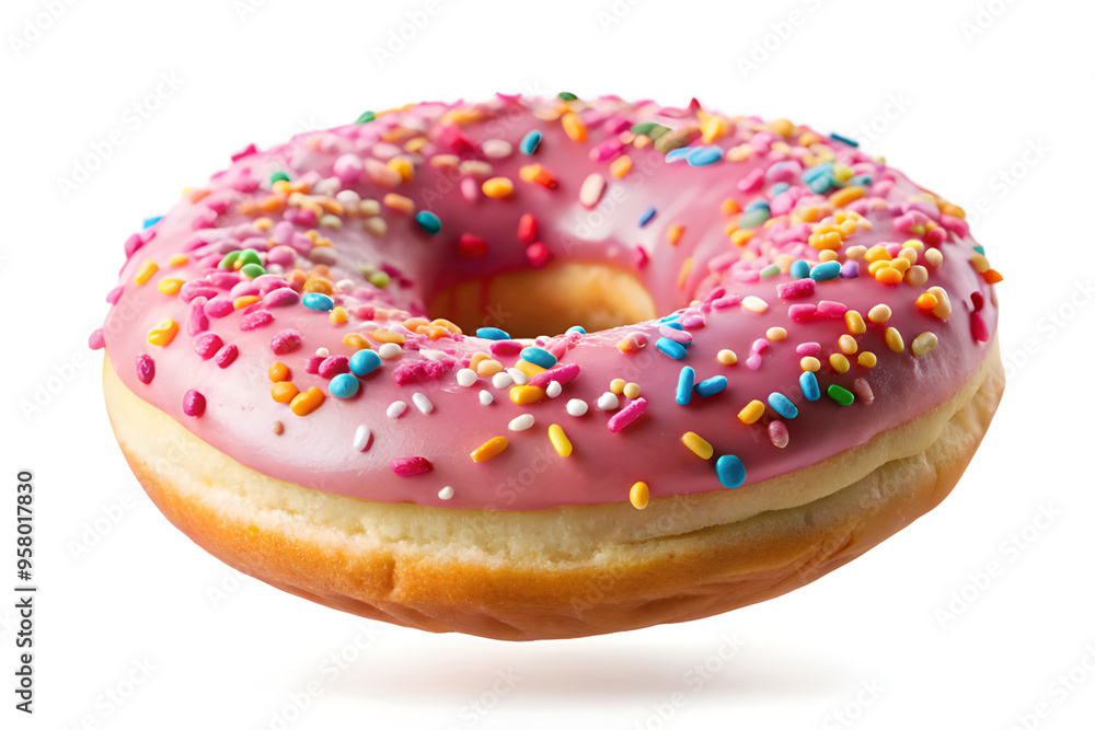 Flying donuts with pink icing and colorful sprinkles isolated Flying donuts with pink icing and colorful sprinkles isolated