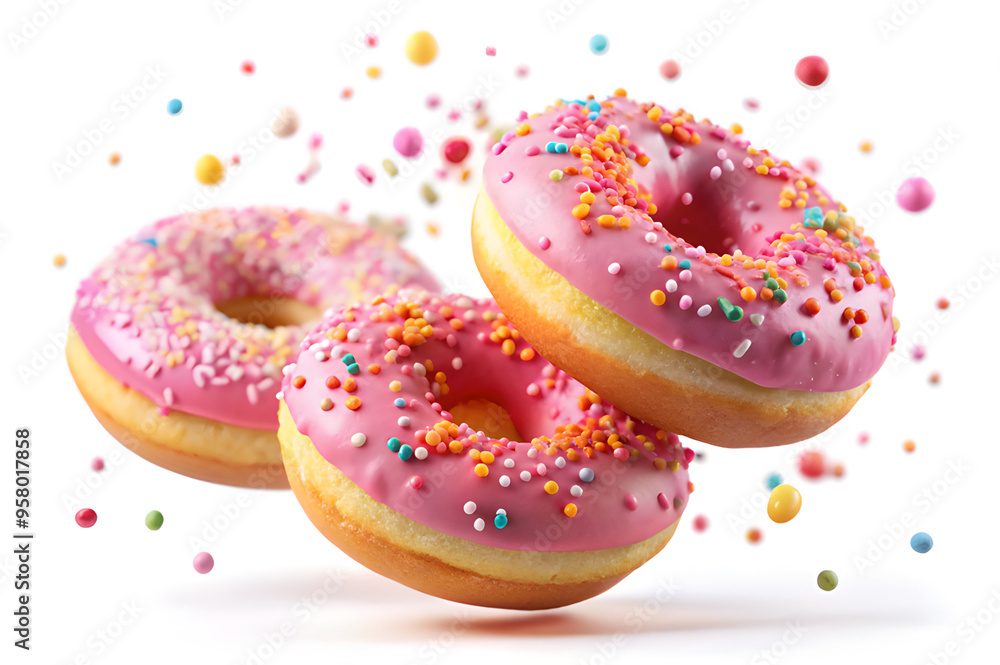 Flying donuts with pink icing and colorful sprinkles isolated Flying donuts with pink icing and colorful sprinkles isolated