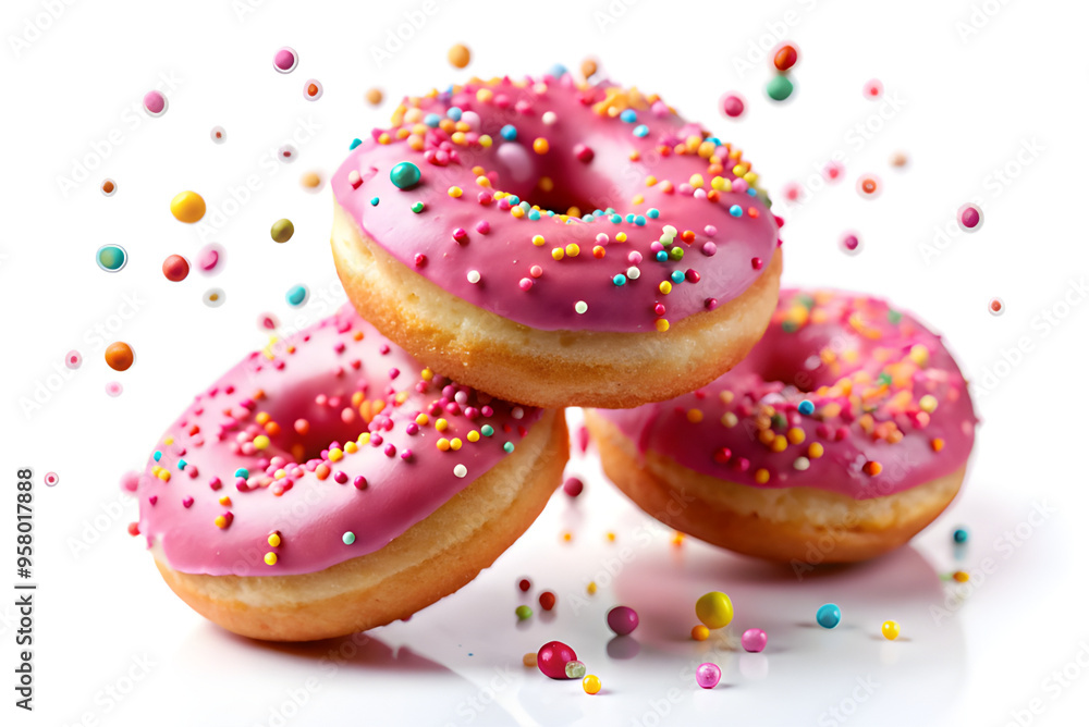 Flying donuts with pink icing and colorful sprinkles isolated Flying donuts with pink icing and colorful sprinkles isolated