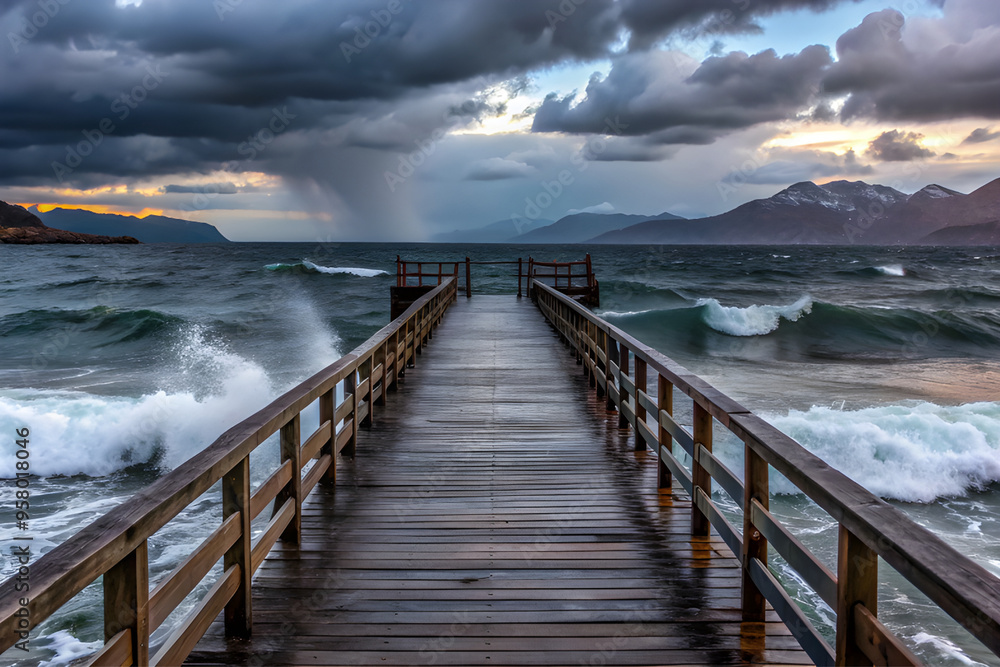Fototapeta premium big waves hitting the bridge Wooden Pier Leading Into a Stormy Sea
