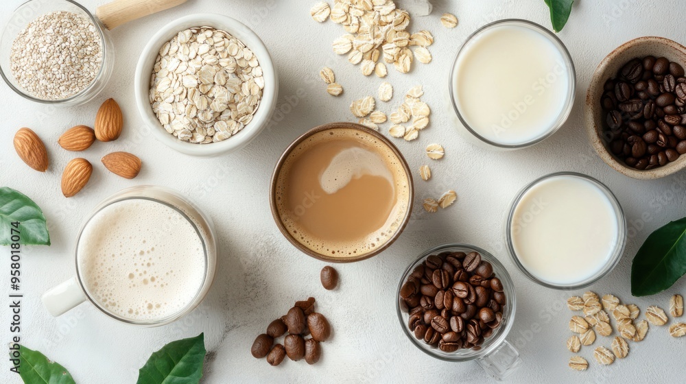 A creative flat lay of various coffee alternative milks such as almond, oat, and soy, along with a steaming cup of coffee A creative flat lay of various coffee alternative milks such as almond, oat, and soy, along with a steaming cup of coffee