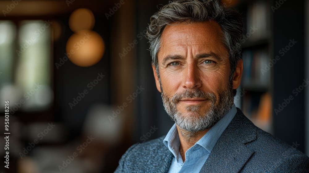 A confident man with a beard smiles warmly in a sophisticated interior setting during the afternoon A confident man with a beard smiles warmly in a sophisticated interior setting during the afternoon
