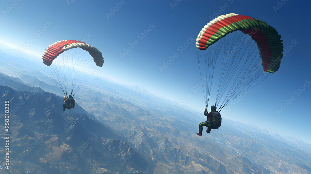 Two paragliders soar high above mountain ranges, enjoying breathtaking views under a clear blue sky. Two paragliders soar high above mountain ranges, enjoying breathtaking views under a clear blue sky.