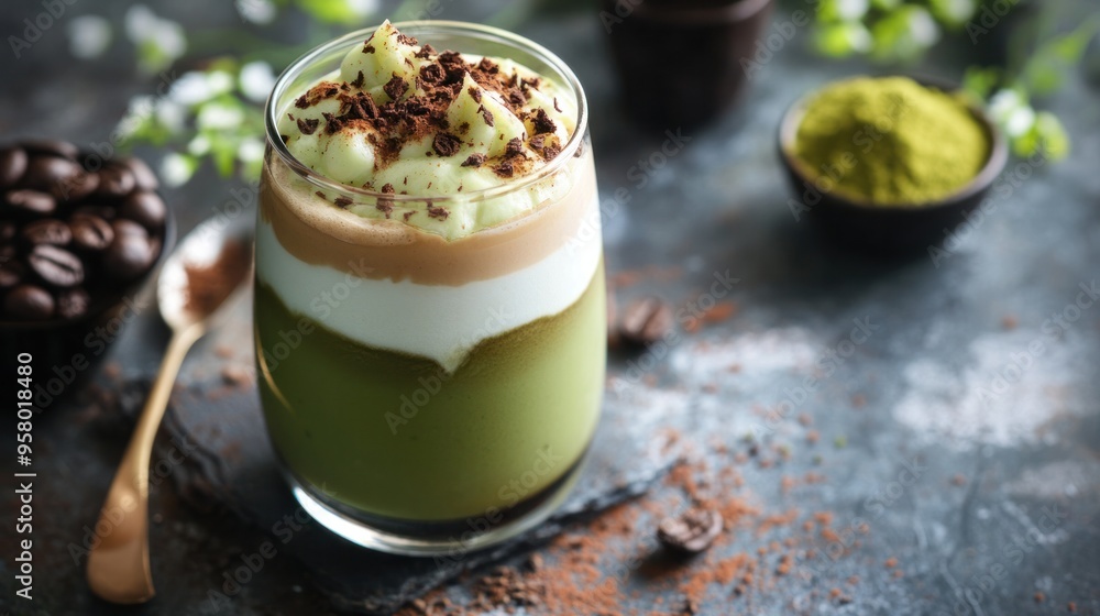 A creative twist on Dalgona coffee with a flavored variation, such as matcha or cocoa, displayed elegantly A creative twist on Dalgona coffee with a flavored variation, such as matcha or cocoa, displayed elegantly