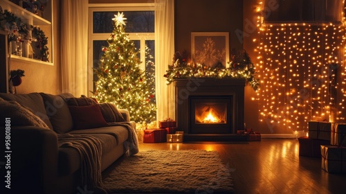 Cozy Christmas Living Room with Fireplace