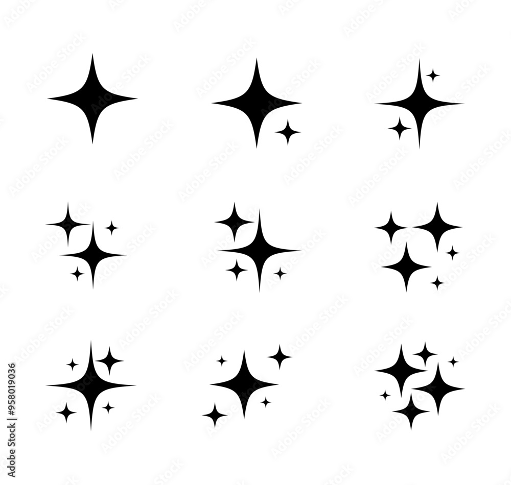 Retro futuristic sparkle icons collection. Set of star shapes. Abstract cool shine effect sign vector design. Templates for design, posters, projects, banners, logo, and business cards Retro futuristic sparkle icons collection. Set of star shapes. Abstract cool shine effect sign vector design. Templates for design, posters, projects, banners, logo, and business cards