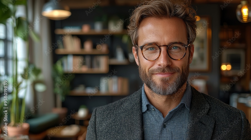 A professional man in stylish attire smiles confidently in a cozy, well-decorated cafe during the afternoon A professional man in stylish attire smiles confidently in a cozy, well-decorated cafe during the afternoon