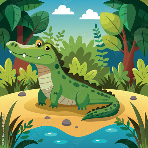 Happy crocodile relaxing near tropical river at sunset-