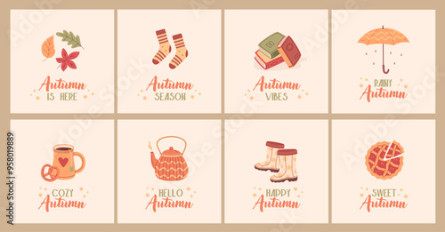Coziness autumn card set. Fall season postcard. Warm and cozy.