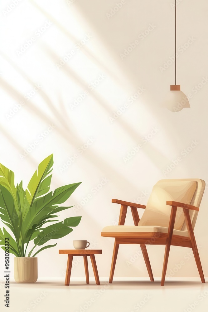A cozy interior scene featuring a stylish chair, small table, and vibrant plant under soft light, perfect for relaxation and homeliness. A cozy interior scene featuring a stylish chair, small table, and vibrant plant under soft light, perfect for relaxation and homeliness.
