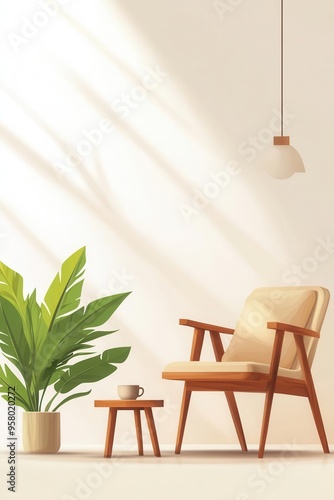 A cozy interior scene featuring a stylish chair, small table, and vibrant plant under soft light, perfect for relaxation and homeliness.