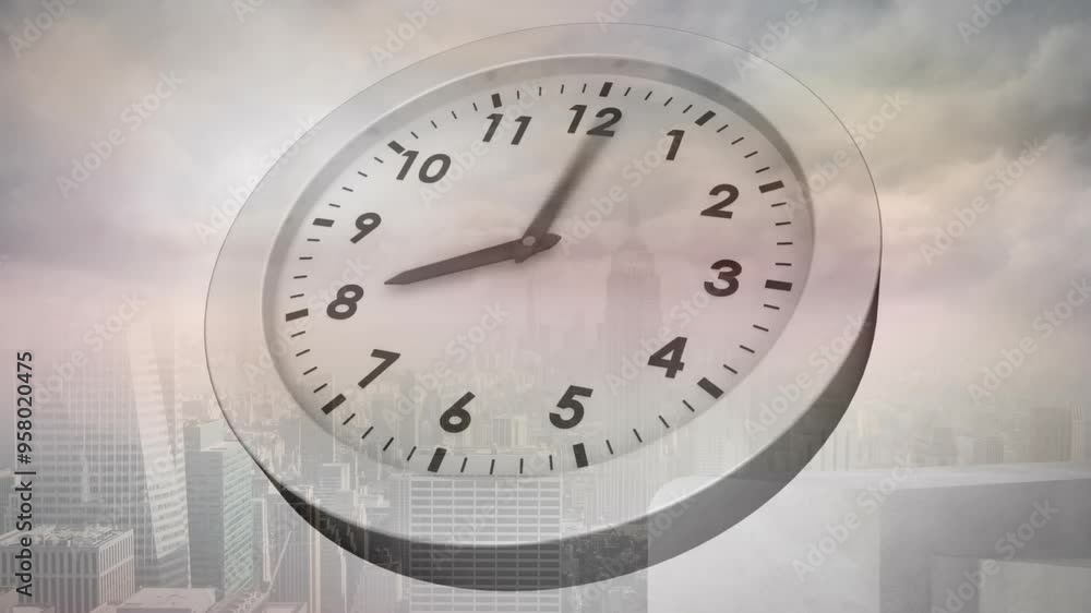 Clock showing 12:00 animation over cityscape with skyscrapers Clock showing 12:00 animation over cityscape with skyscrapers