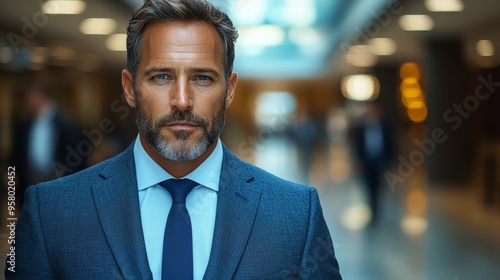 Confident businessman in tailored suit walking through modern corporate hallway during a busy workday