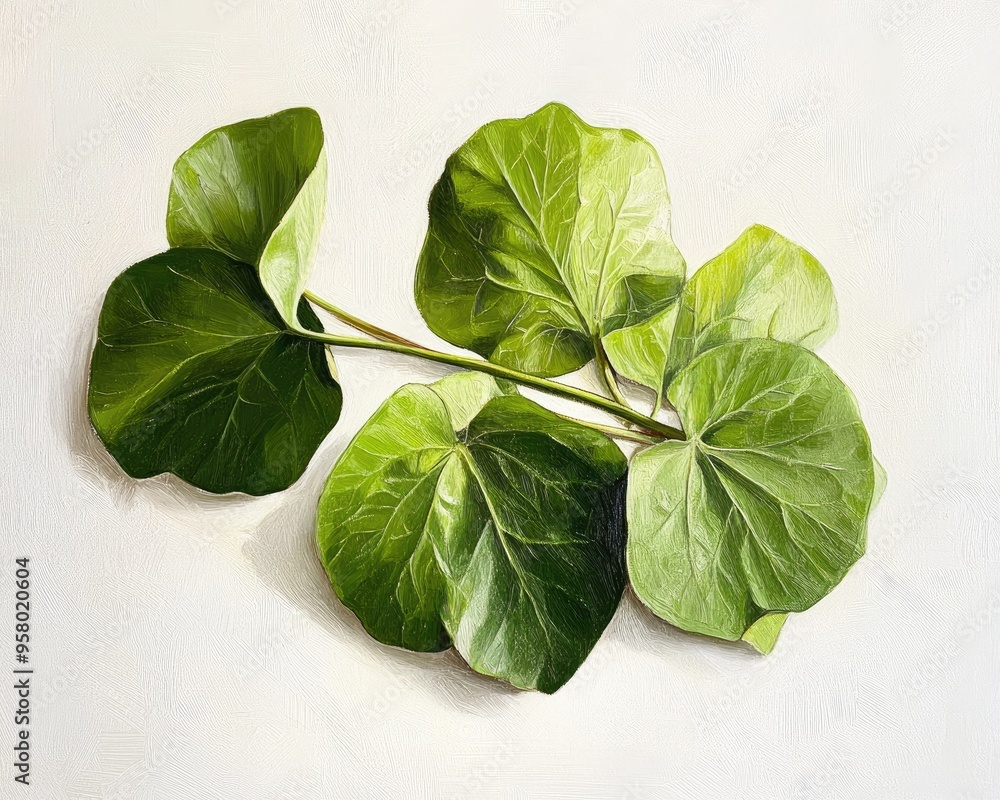 Fototapeta premium Oil painting of green Hyacinth Bean leaves on a white background showcasing culinary results with a focus on the ingredient s details