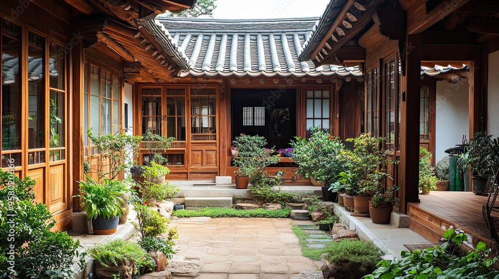 38. A traditional Korean hanok courtyard, with wooden beams, clay walls ...