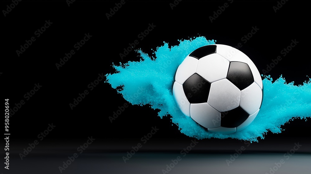 Fototapeta premium A soccer ball is floating in a blue smoke. Smoke is thick and dense, giving the impression of a foggy, hazy atmosphere. Soccer ball with a trail as if it were blue quantum dots on a black background