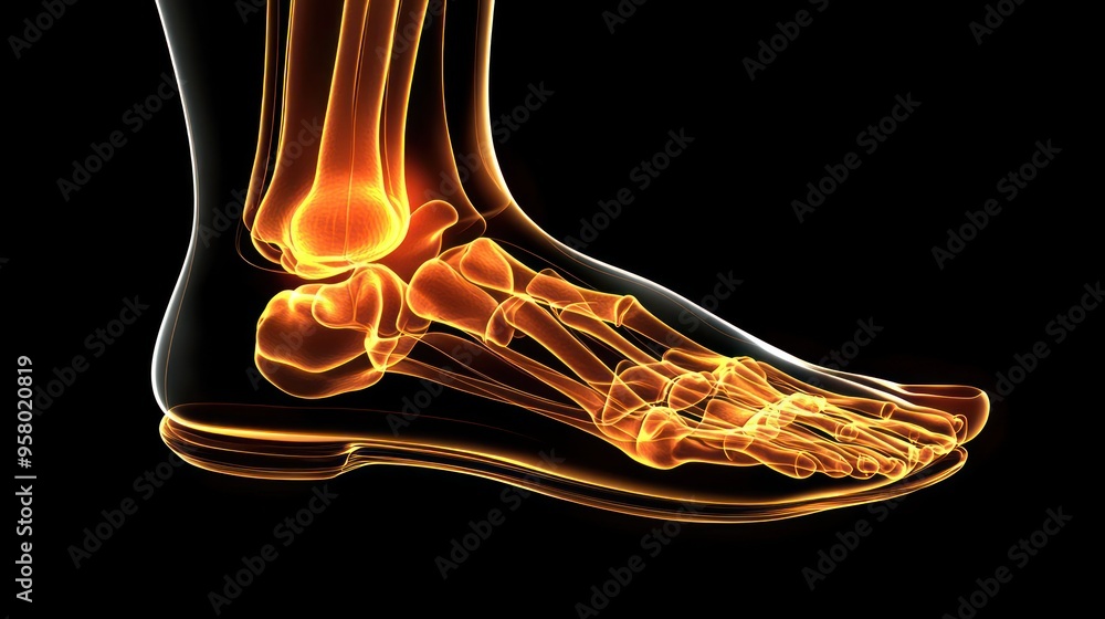 X-ray style image of a human foot with glowing bones. X-ray style image of a human foot with glowing bones.