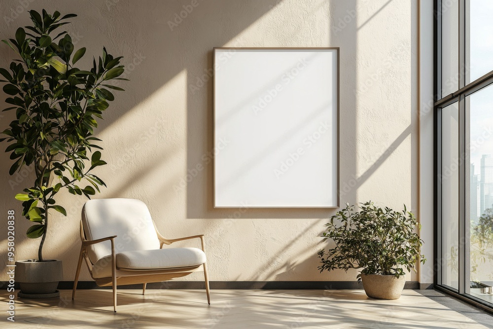 Poster Frame in Beige minimalist living room interior created with generative AI Poster Frame in Beige minimalist living room interior created with generative AI