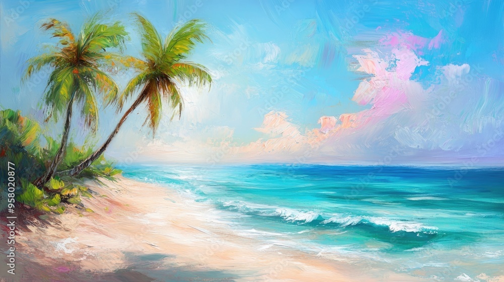 Oil painting depicting a serene beach scene ideal for relaxation and travel featuring palm trees and a vibrant seaside atmosphere perfect for a banner or vacation themed background Oil painting depicting a serene beach scene ideal for relaxation and travel featuring palm trees and a vibrant seaside atmosphere perfect for a banner or vacation themed background
